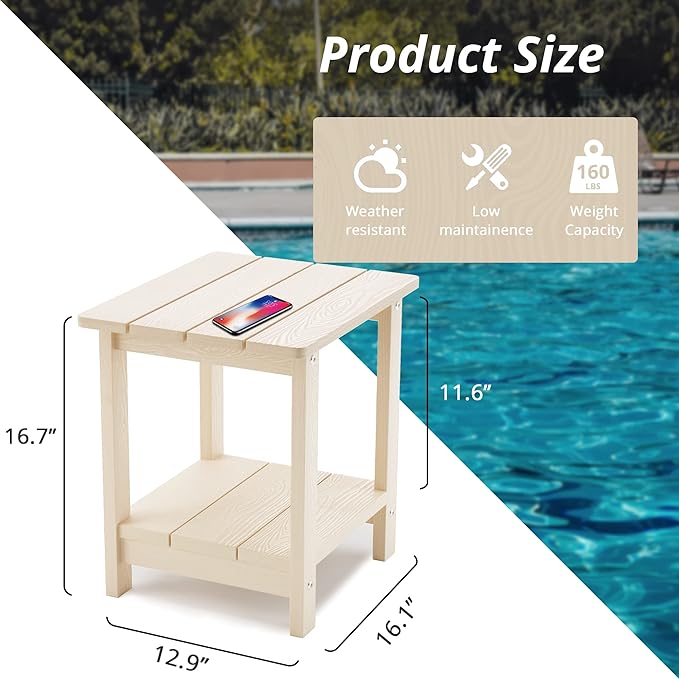 LUE BONA Adirondack Outdoor Side Table, 2-Tier Sand HDPS Patio End Table - Image 2