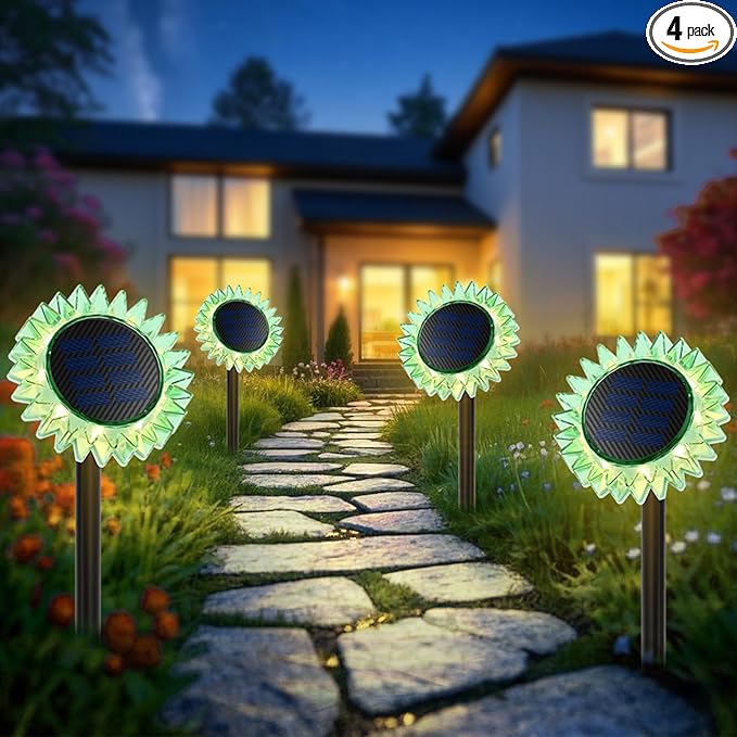 Outdoor Solar Lights, 4 Pack Led Solar Sunflower Lights, Stake/Wall 2-in-1 by GIUNN