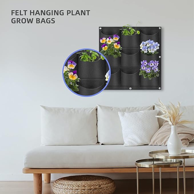 9 Pockets Hanging Planter Bags, Hanging Vertical Wall Mounted Plant Planting - Image 2