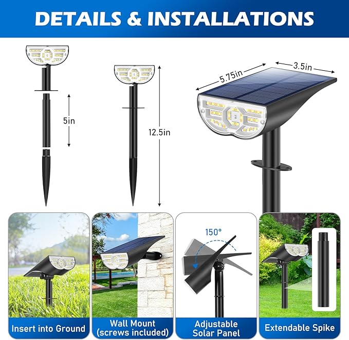 TOBUSA Solar Spot Lights Outdoor 5 Modes, 44LEDs Bright Landscape Spotlights - Image 6