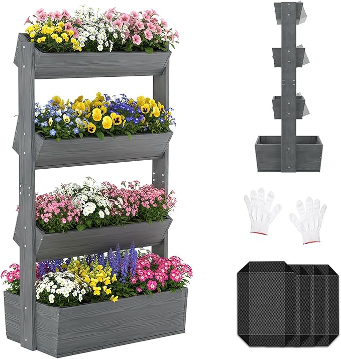 SUNYRISY 4 Tiers Vertical Raised Garden Bed Outdoor Planter Tower, Wooden by SUNYRISY