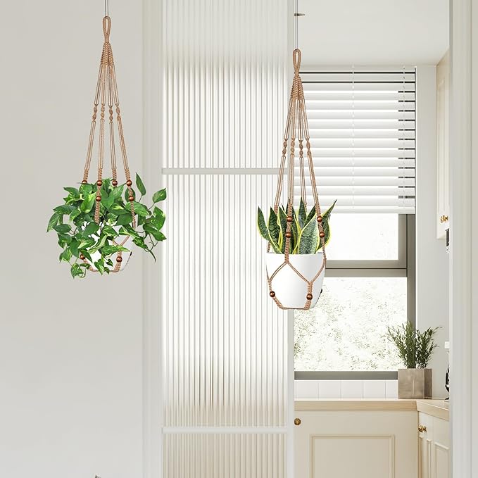 Jute Macrame Plant Hanger Indoor Set of 2 Hanging Planter Basket Flower Pot - Image 7