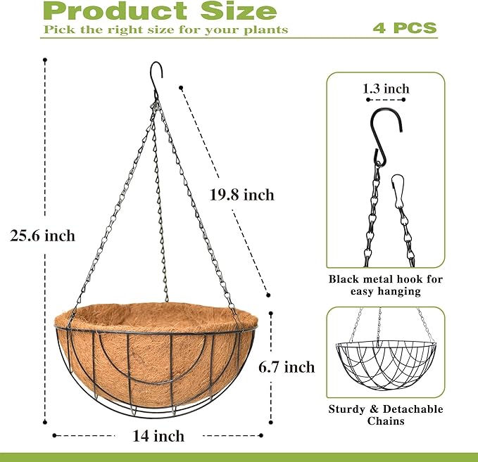 4 Pack 14 Inch Hanging Baskets for Plants Outdoor Metal Hanging Planter Hanging - Image 4