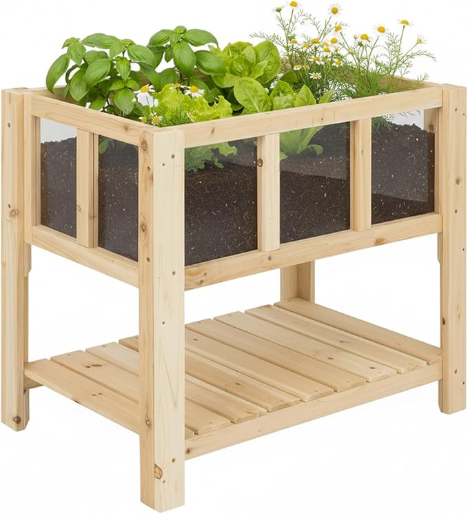 Raised Garden Bed with Transparent Acrylic Side Panels, Elevated Wooden Planter by Ketive