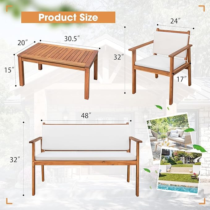 Devoko Patio Furniture 4 Piece Acacia Wood Outdoor Conversation Sofa Set - Image 7