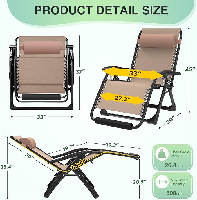 Suteck Oversized Zero Gravity Chair, 33In XXL Lounge Chair w/Removable - Image 2