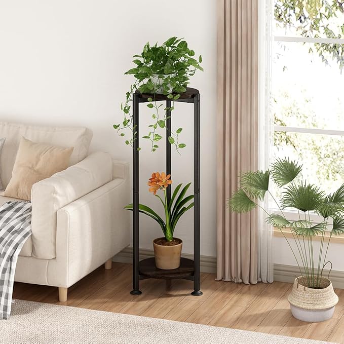 Plant Stand Indoor Outdoor 2 Tier Tall Metal Corner Storage Tiered Plant Shelf - Image 2