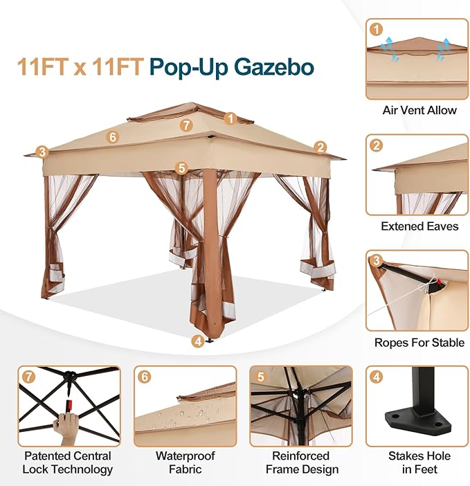 COBIZI 11x11 Pop Up Gazebo Canopy Tent Easy Up Outdoor Gazebo Waterproof - Image 5