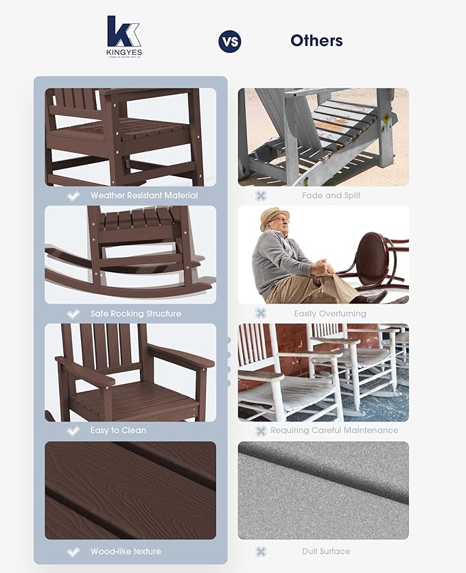 KINGYES Outdoor Rocking Chair Set 2, All Weather HDPE Patio Rocking Chairs - Image 5