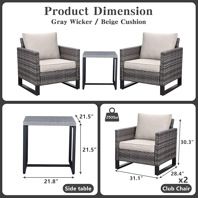 Belord Outdoor Bistro Set 3 Piece Outdoor Wicker Patio Chairs, Oversize Outdoor - Image 2