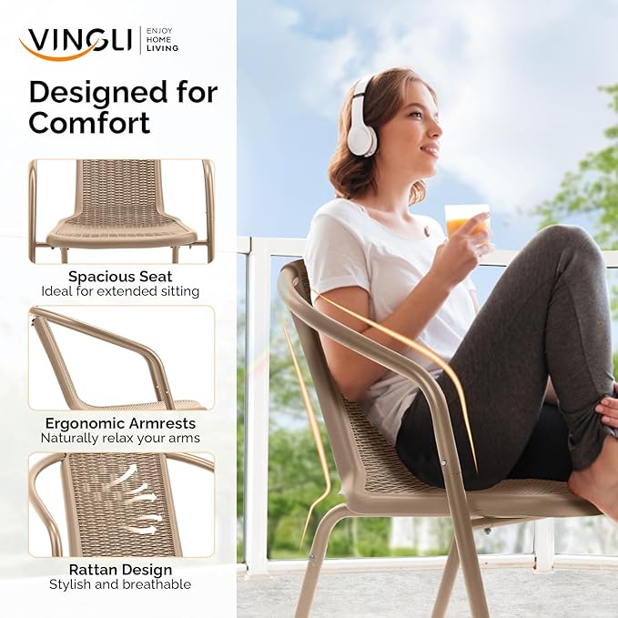 VINGLI PE Rattan Outdoor Dining Chairs Set of 4, Plastic Stackable Patio Chairs - Image 5