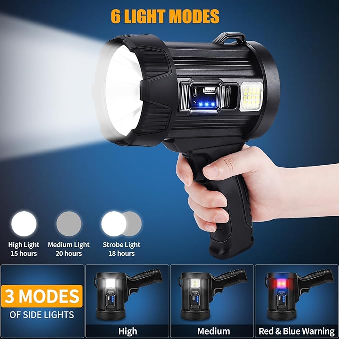 Rechargeable Spotlight, 99000 Lumens Bright LED Spotlight Flashlight, Long - Image 5