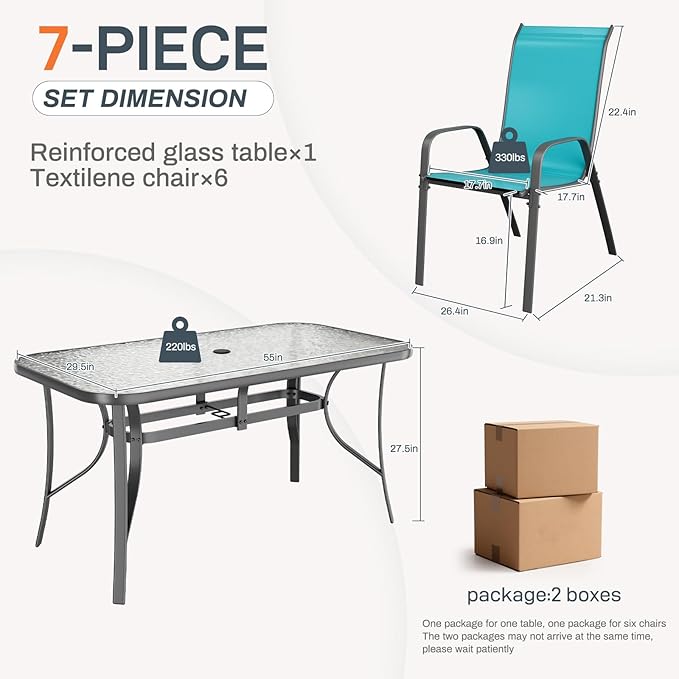 TLSUNNY 7 Pieces Patio Dining Set, Outdoor Table and Chairs W/1.69″ Umbrella - Image 2