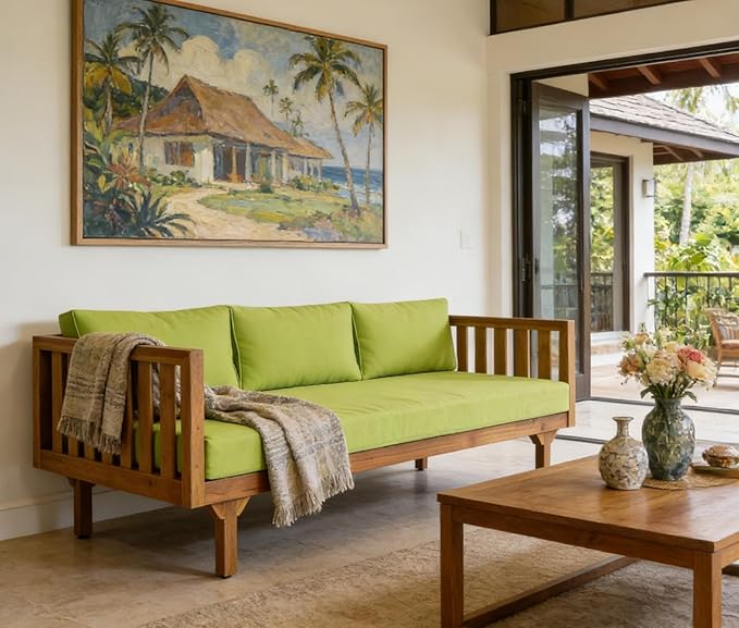 Merax Solid Acacia Wood Couch Chaise Lounge Chair Indoor, 3 Seater Daybed Sofa - Image 5