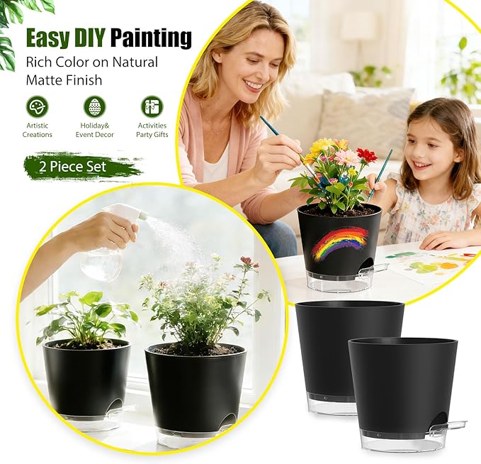 Plant Pots 8 Inch Self Watering Pots, 2 Pack Plastic Planters - Image 6
