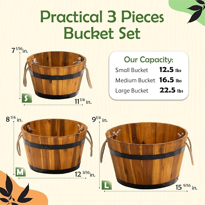 Set of 3 Wooden Flower Boxes Outdoor, Durable Acacia Wood Barrel Planters - Image 2