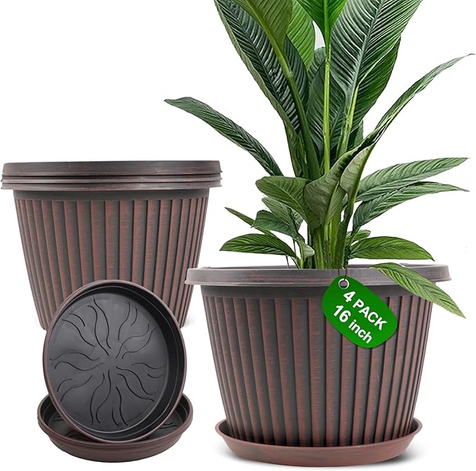 Large-Planter-Indoor-Outdoor Plant Pots, 16 inch 4 Pack Plastic Flower Pots by Myfeegoin