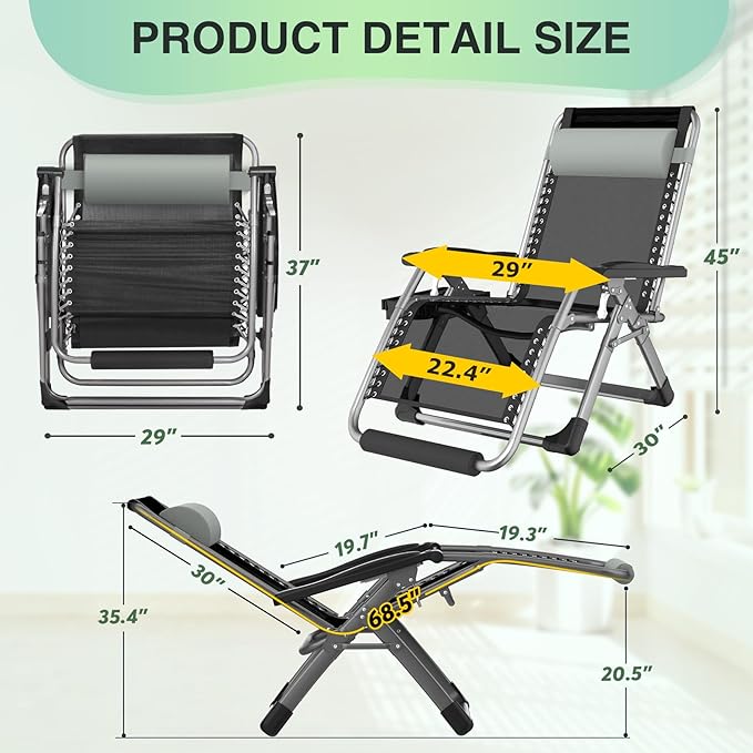 Suteck Oversized Zero Gravity Chair, 29In XL Outdoor Recliner Chair w/Removable - Image 2