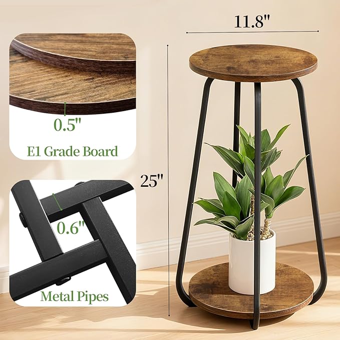 Plant Stand Indoor, 2 Tier Plant Shelf Pedestal Stand Flower Stand, Metal Wood - Image 3