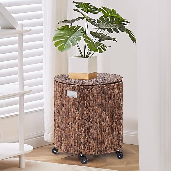 Wimarsbon Round Pouf Ottomans, Handwoven Natural Water Hyacinth Seagrass Pouffe - Image 4