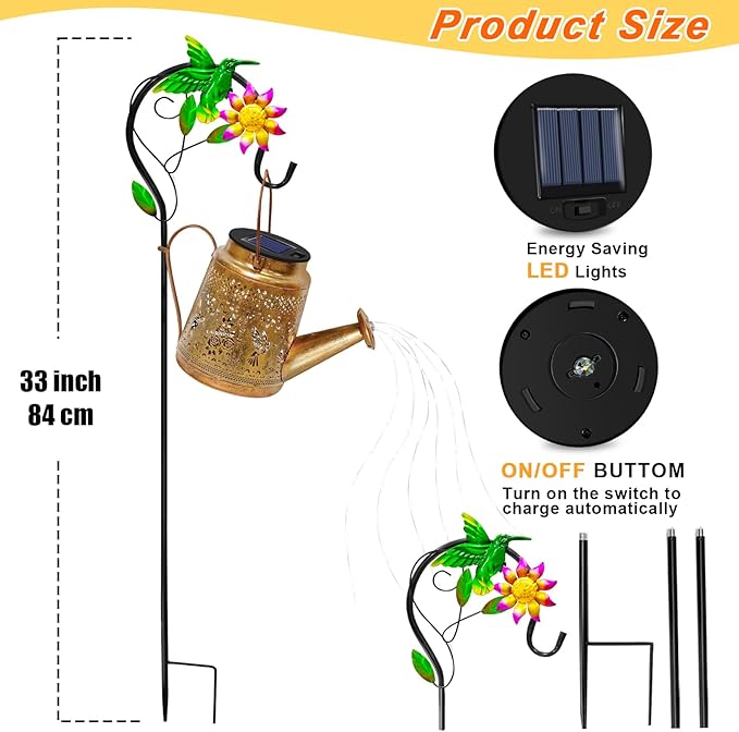2 Packs Solar Watering Can Lights Hummingbird Garden Decor, Hanging Lanterns - Image 5