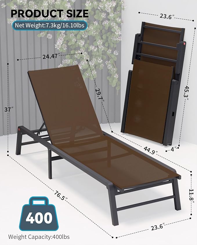 Aluminum Chaise Lounge Chair Outdoor, Foldable Patio Lounge Chair Assemble-Free - Image 2