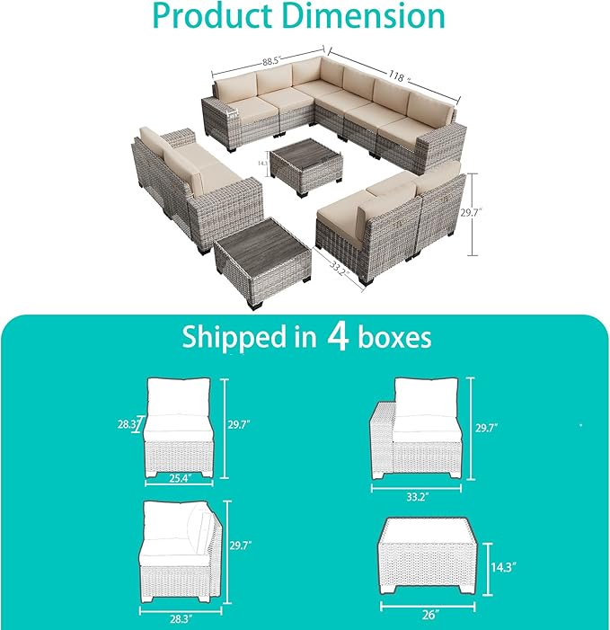 12-Piece Outdoor Patio Furniture Set Wicker Sectional Sofa Set, Patio - Image 6