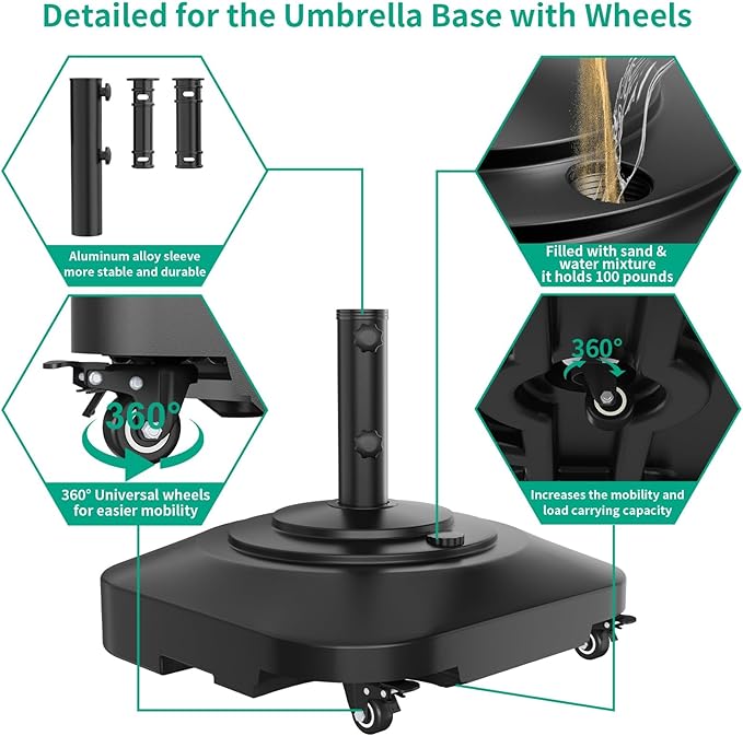 Umbrella Base with 5 Wheels, Upgraded 145lb Umbrella Stand Base, Heavy Duty & - Image 6