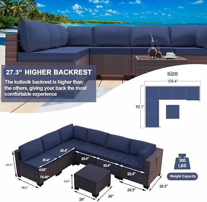 Kullavik 7 Pieces Outdoor Patio Furniture Set PE Wicker Rattan Sectional Sofa - Image 6