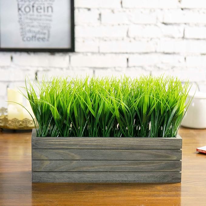 MyGift 14 Inch Artificial Green Grass Plant in Vintage Gray Wood Planter Window - Image 3
