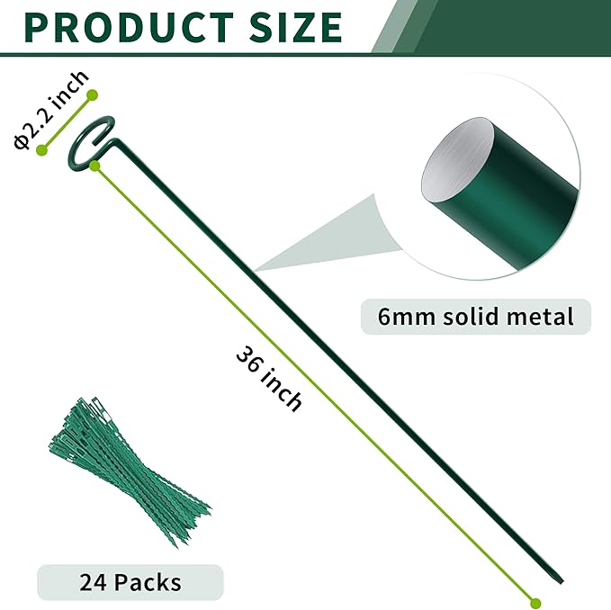 36” Tall Plant Stakes, 12 Pack Plant Support Stakes, 6mm Heavy-Duty Metal - Image 2