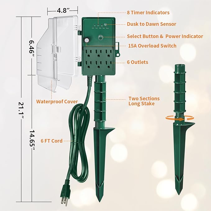 SURAIELEC Outdoor Power Stake, Dusk to Dawn Light Timer, 6 Electrical Outlet - Image 7