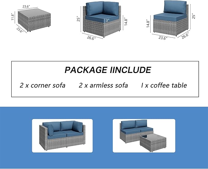 Shintenchi 5 Pieces Outdoor Patio Furniture Sets, Patio Sectional Sofa Couch - Image 6