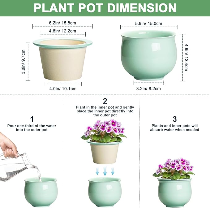 6 Inch African Violet Pots, Ceramic Self Watering Planter - Image 2
