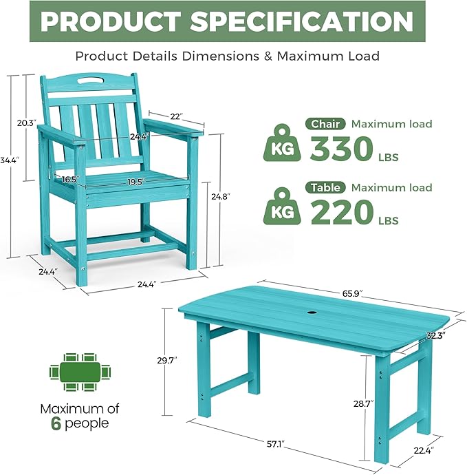 HDPE Outdoor Dining Set, Patio Table and Chairs Set, All-Weather 7-Piece - Image 2