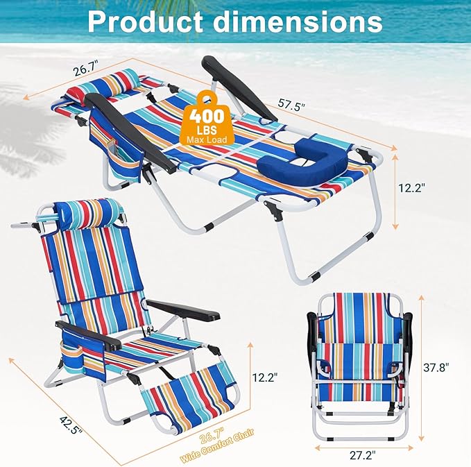 ABORON Tanning Chair with Face Hole, 5-Position Adjustable Reclining Beach - Image 3