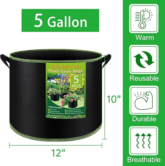 NACHLYNN 5-Pack 5 Gallon Grow Bags Heavy Duty Aeration Fabric Pots - Image 2