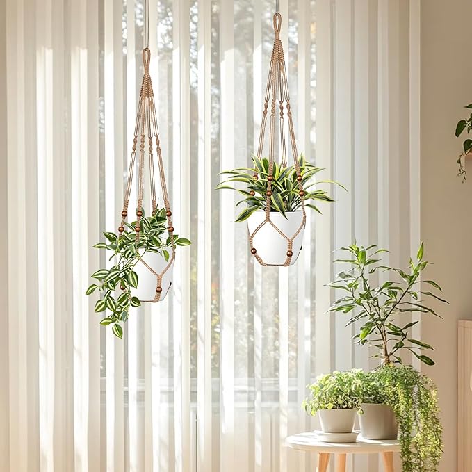 Jute Macrame Plant Hanger Indoor Set of 2 Hanging Planter Basket Flower Pot - Image 5