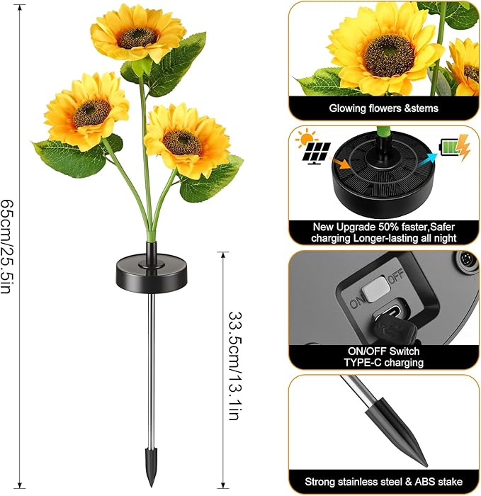 Upgraded Solar Sunflower Lights, 2 Pack Solar Garden Lights - Image 3