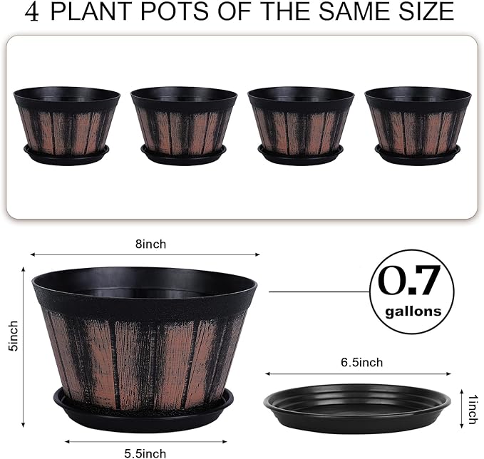 Quarut 8 inch Brown Plastic Whiskey Barrel Plant Pots Set of 4 - Image 2