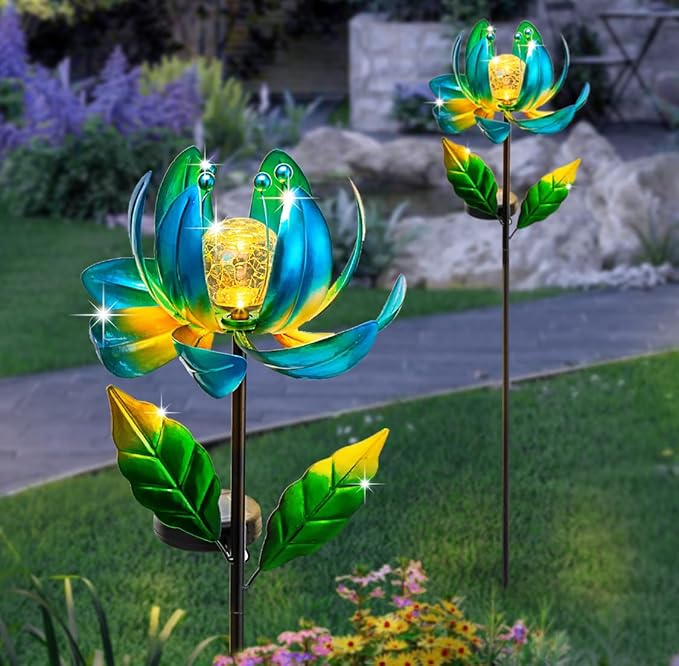 Solar Yard Lights Wind Spinners- Metal Lotus Flower Garden Decor LED Crackle - Image 6