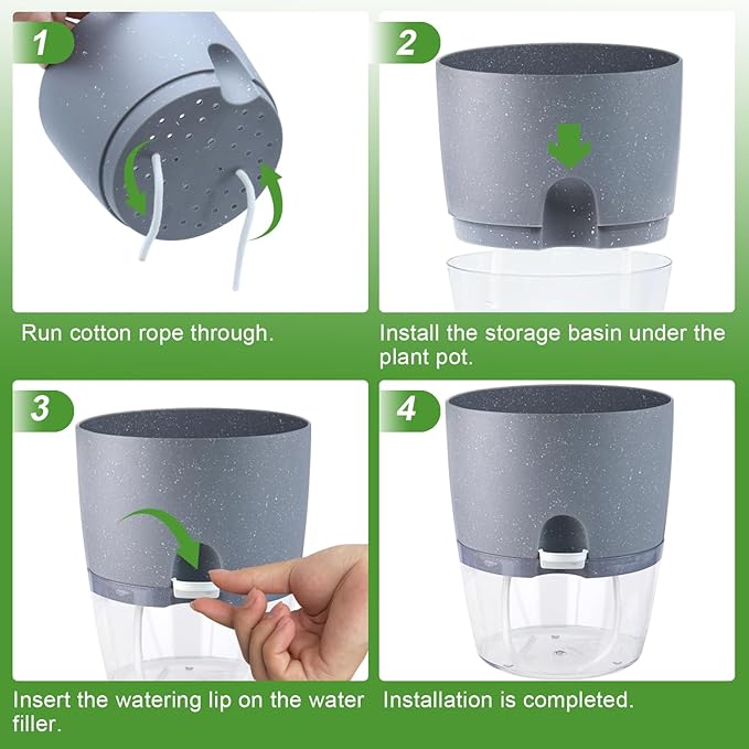 6 Inch Self Watering Pots for Indoor Plants, 6 Pack Grey Plastic Flower Pots - Image 5
