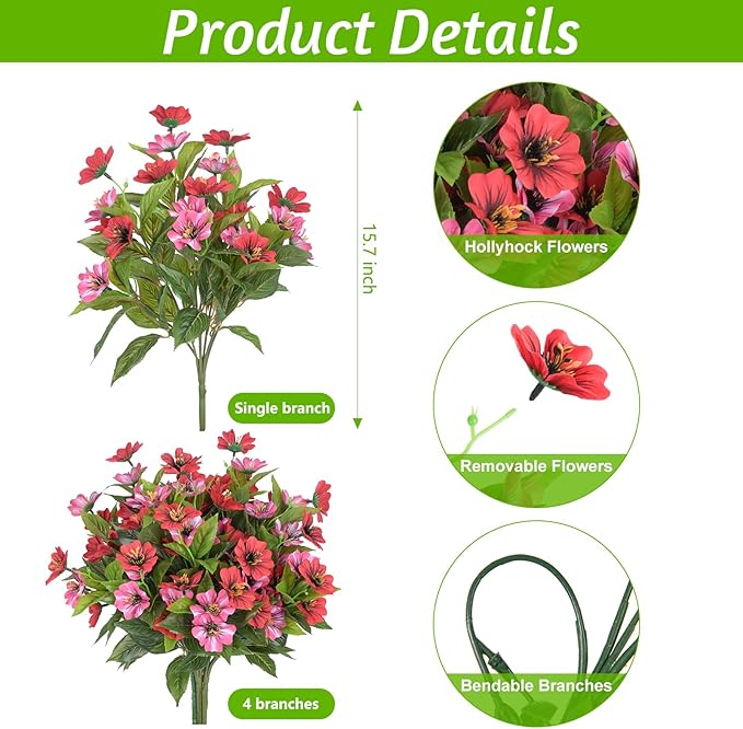 Fake Artificial Flowers for Outdoors Decoration, 4 Bundles Silk Faux Spring - Image 2