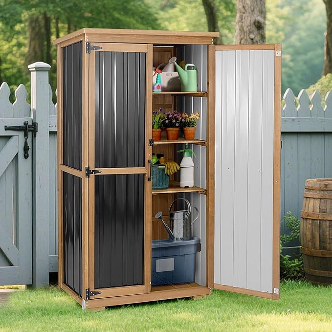 PetsCosset Outdoor Storage Cabinet, Wood & Metal Storage Shed - Image 2