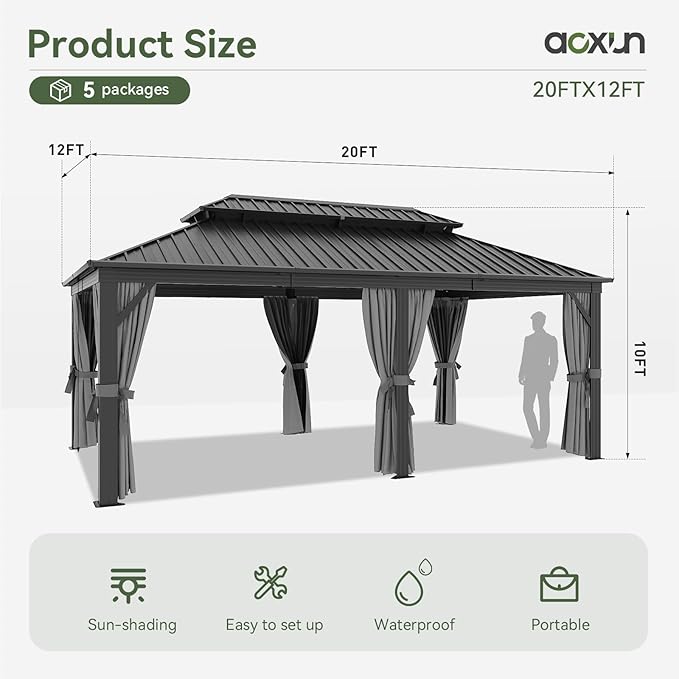 Aoxun 12' X 20' Hardtop Gazebo, Galvanized Steel Double Top, Aluminum Metal - Image 8