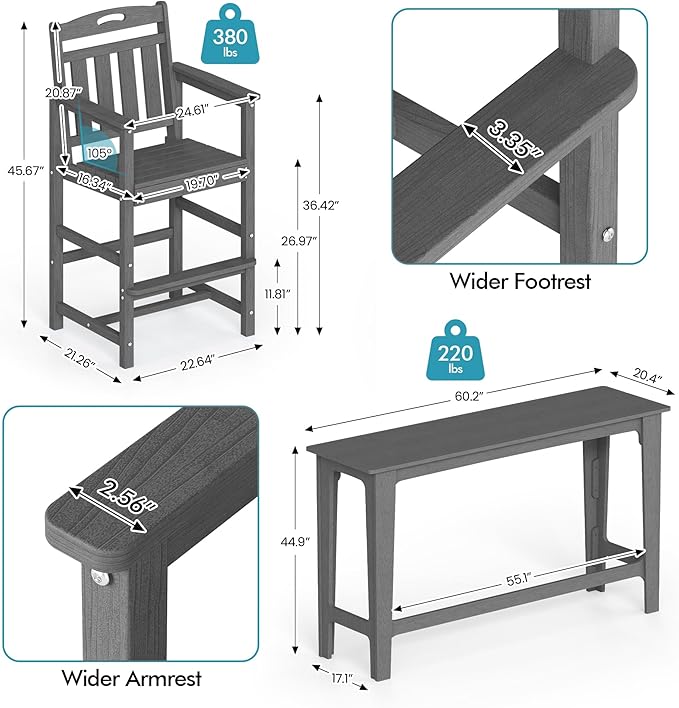 Ciokea Outdoor Bar Height Table Set of 5, Heavy-Duty All-Weather HDPE Patio Bar - Image 3