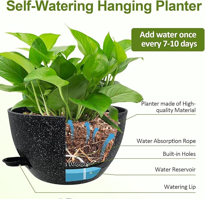 WOUSIWER Self Watering Hanging Planters, 2 Pack 12'' Plastic Pots - Image 6
