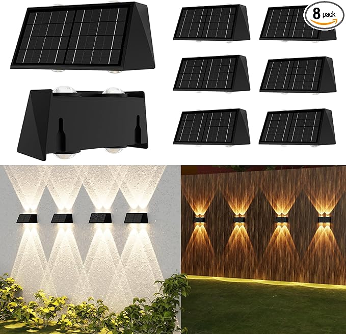8-Pack Solar Fence Lights, Up & Down Lighting, 50LM/25LM 4 Modes, IP65 by Involux