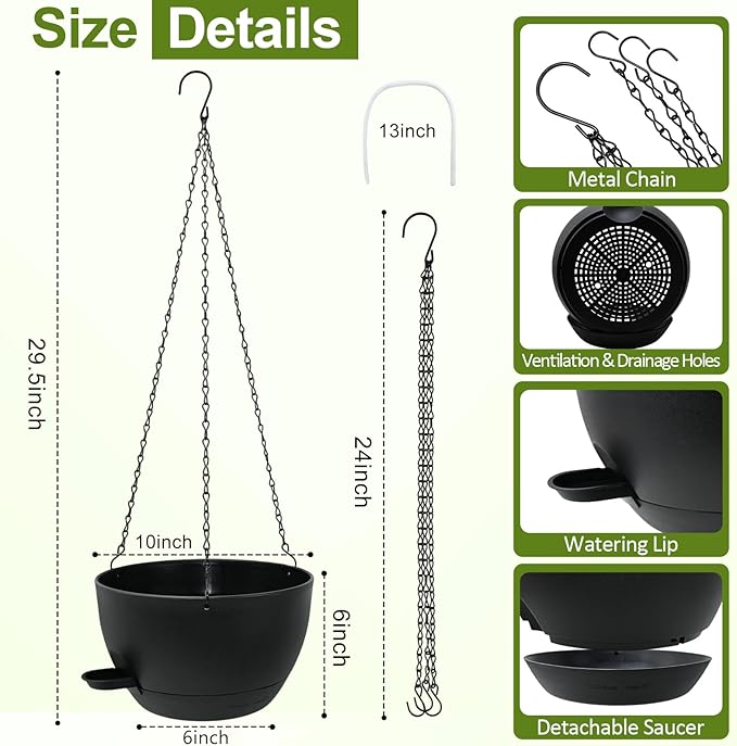 WOUSIWER Self Watering Hanging Planters, 2 Pack 10'' Plastic Pots - Image 4