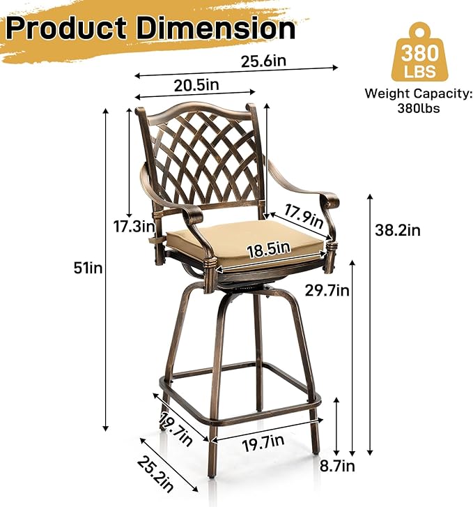 VINGLI Outdoor Swivel Bar Stools Set of 2, Cast Aluminum All-Weather Patio Bar - Image 3